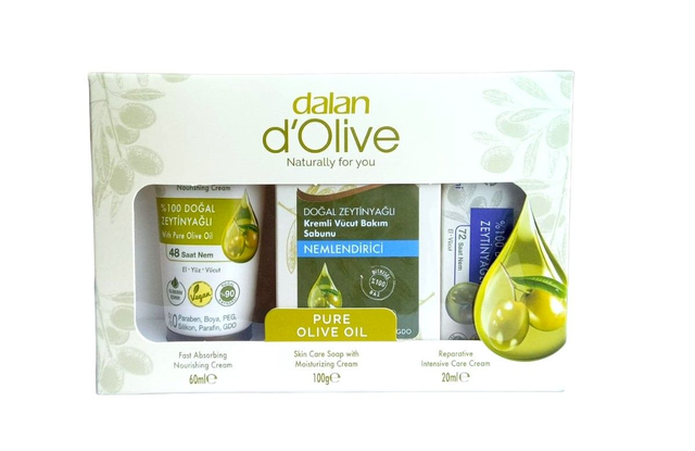 DALAN d'Olive ZESTAW 180 Krem Odżywczy 60ml + Krem Intensywnie Nawilżający 20ml + Mydło w Kostce Nawilżające 100g