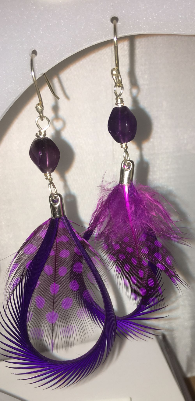 Purple feather earrings