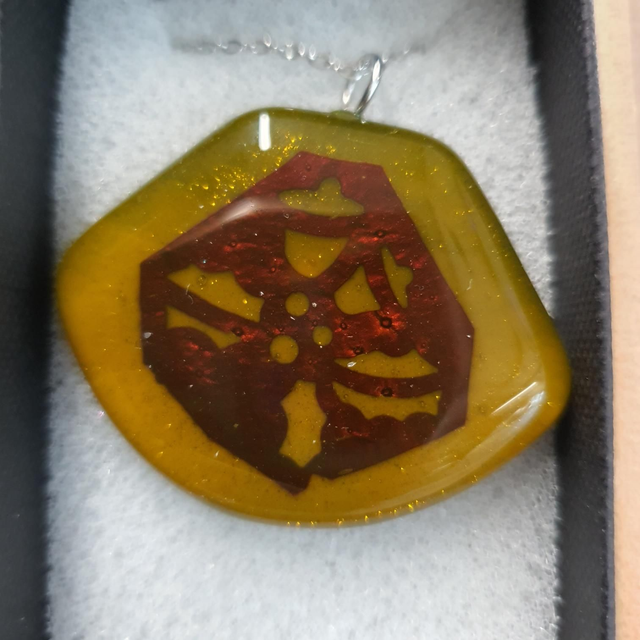 Golden bell and Holly glass pendant &amp; chain