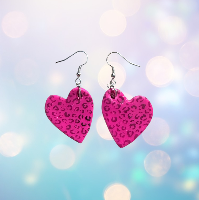 Fuschia Leopard Print Heart Polymer Clay Earrings