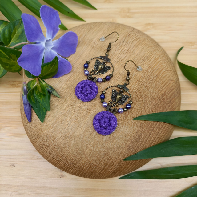 Parure violette et bronze - Boucles d'oreille Eléphants