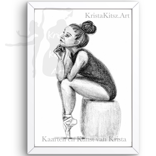 Ballerina zittend op kruk , mooie print op papier | potlood tekening van Krista Kitsz 