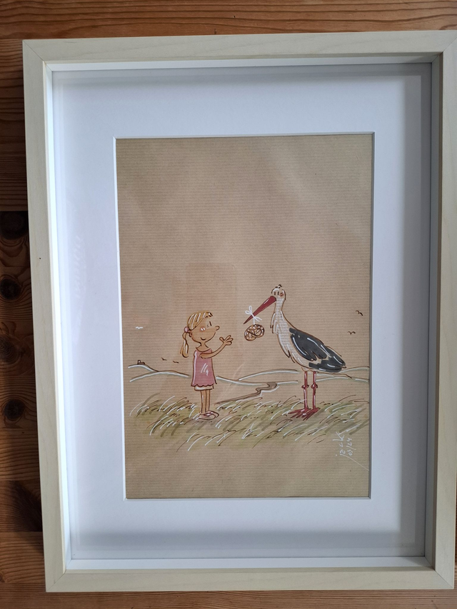 "Ma cigogne" -  Dessin format A4 sur papier - cadre 32x42 - frais de port compris pour la France