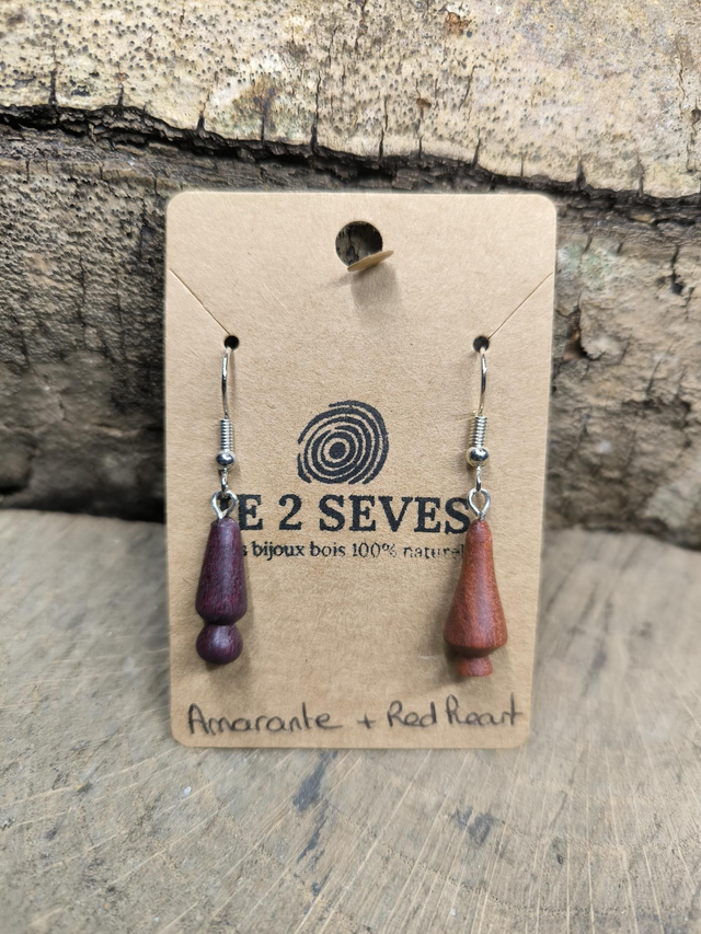 Boucles d'oreilles pendantes bois de Amarante + Red Heart - 240433