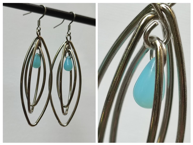 Boucles d'oreilles" 3 ovales" goutte en verre turquoise acier inoxydable argent pièce unique sans nickel 