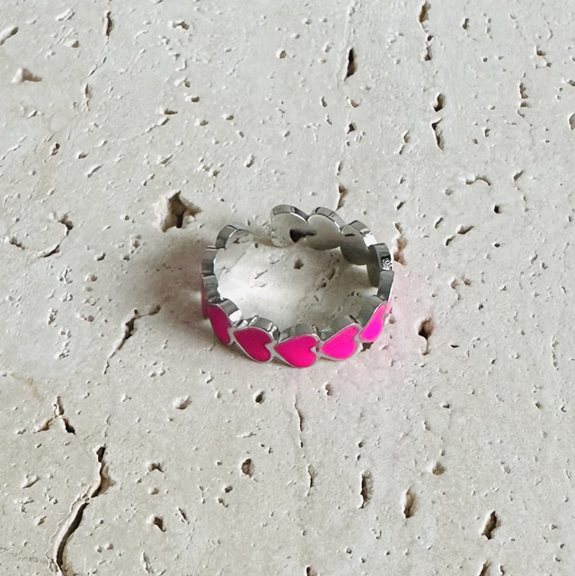 Ring roze hartjes zilver
