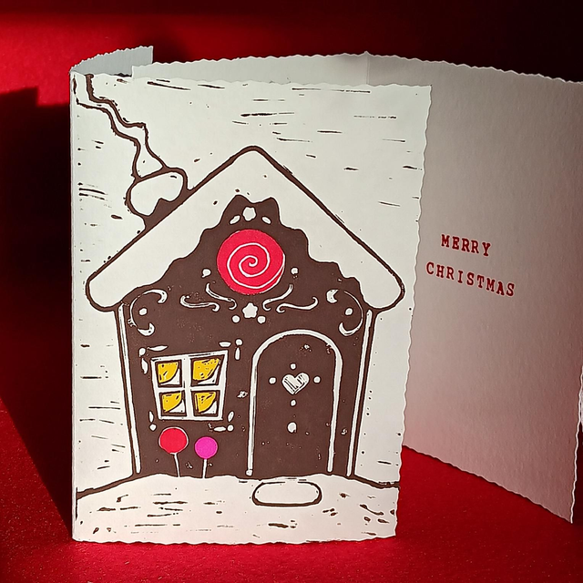 Gingerbread house lino-print Christmas card 