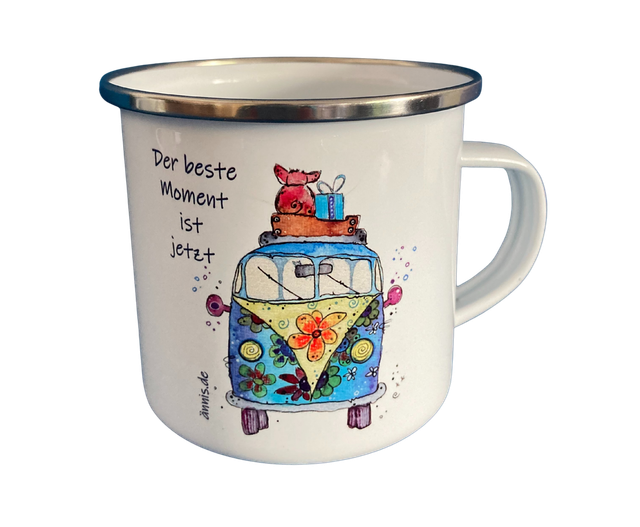 Emailletasse "Bully mit Schwein - der beste Moment ist jetzt"