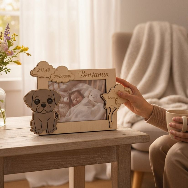 Cadre photo personnalisé en bois gravé – décor animal peint pour enfant