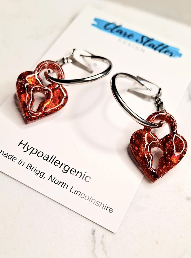 Red heart padlock hoop earrings