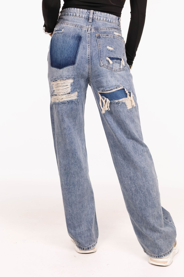 Wide leg jeans half damaged Blauw Stretch