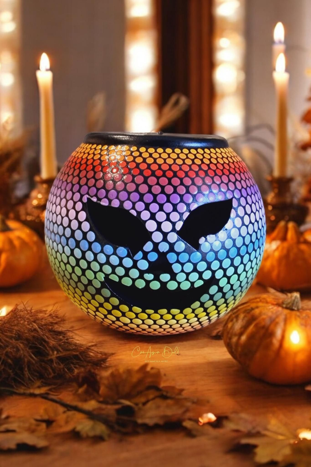 Bougeoir citrouille Halloween en plâtre – Pointillisme multicolore peint à la main
