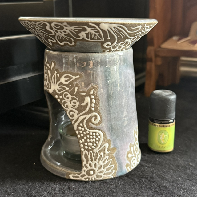 Ceramic Aroma Lamp, Essential Oil Burner Mandala Design , Handcrafted Stoneware, silvery grey purple white