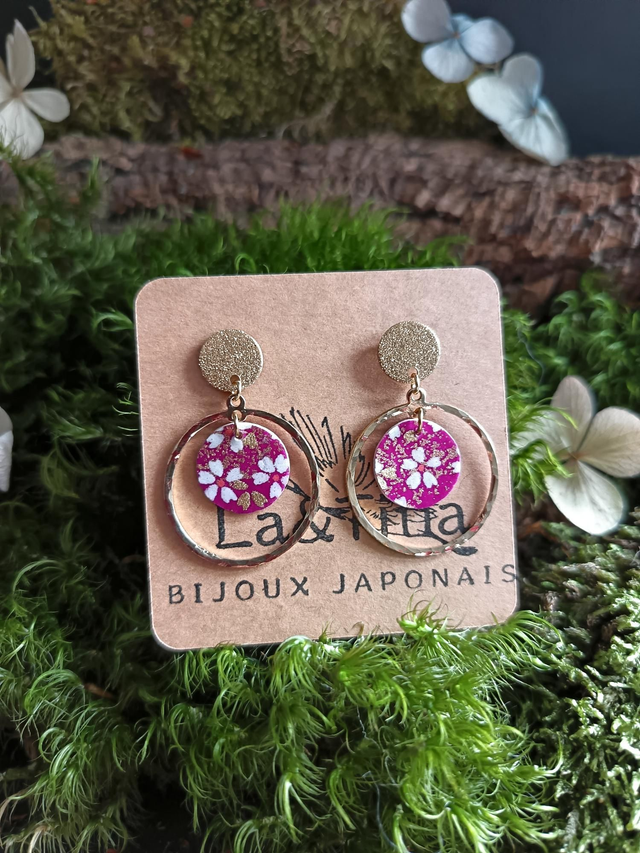 Boucles d'oreilles - puces - papier washi - Sakura - fleurs de cerisier - cercle martelé - La&Titia 