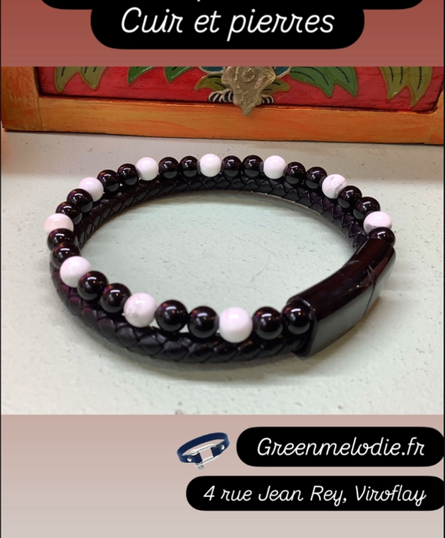 Bracelet double en cuir et pierres howlite et onyx pour homme 