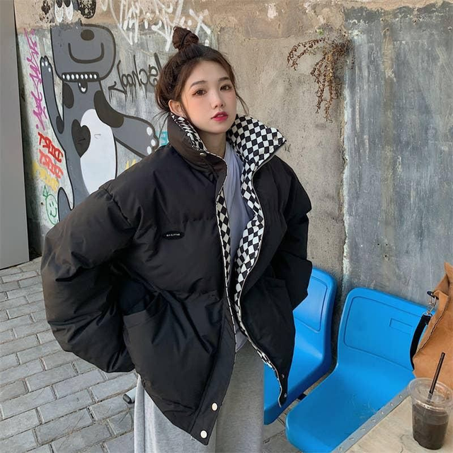 Puffy Winter Jacket With Check Lining