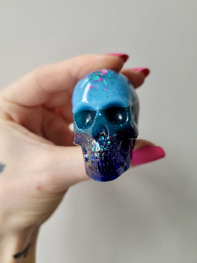 Skull Ornament - Medium -  Blue Striped Gradient with Glitter