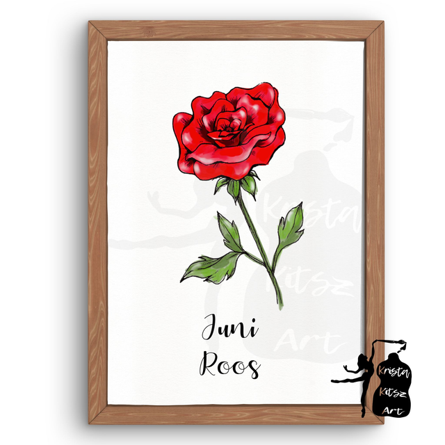 Geboortebloem Juni Roos in kleur,  luxe kunstprint op fine art papier van originele tekening, met of zonder tekst 