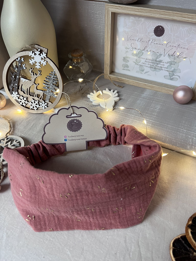 Bandeau simple et large en double gaze de coton rouille et éventails dorés