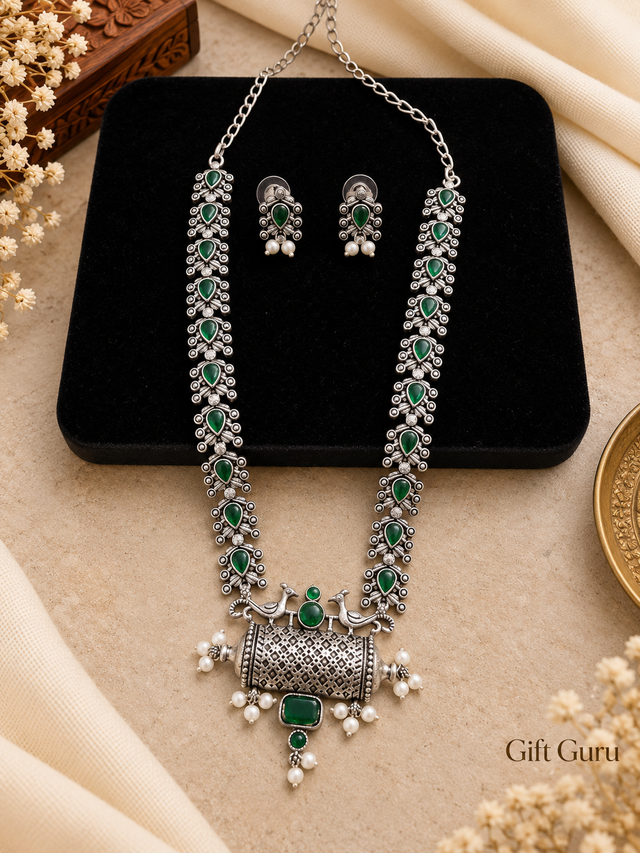  Oxidised silver long necklace and earring set with green stones with small white pearl drop, matching stud earrings