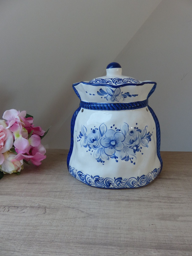 Grand Pot à Oignons en Céramique Artisanale Peint à la Main – Motifs Floraux Bleu Indigo du Portugal, Style Rustique pour Cuisine ou Cellier