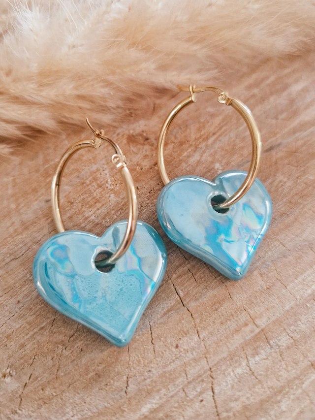 Boucles d'oreilles créoles et cœurs en céramique - Doré et turquoise