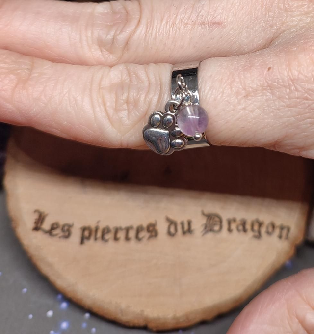 Bague réglable argentée patte chat/chien et améthyste 