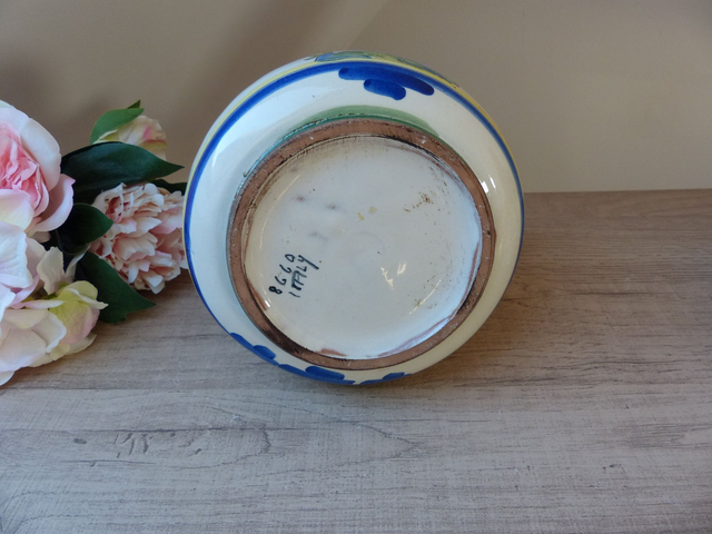 Rare Grand Pichet Carafe Chevrette en terre cuite émaillée de Fleurs Artisanat Italien Numéroté Vintage, Pichet Antique Peint Main Floral