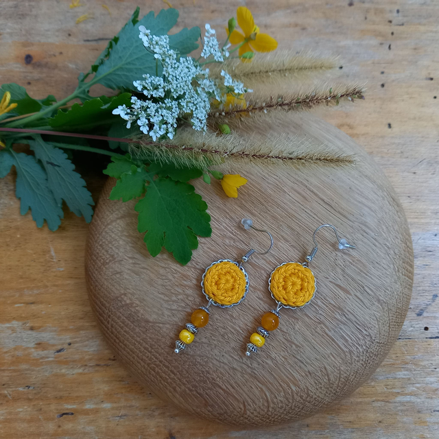 Parure jaune et argenté - Boucles d&#039;oreille jaunes type clochettes