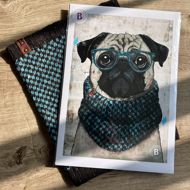 Pug Dog In Glasses Mixed Media Art Print A4