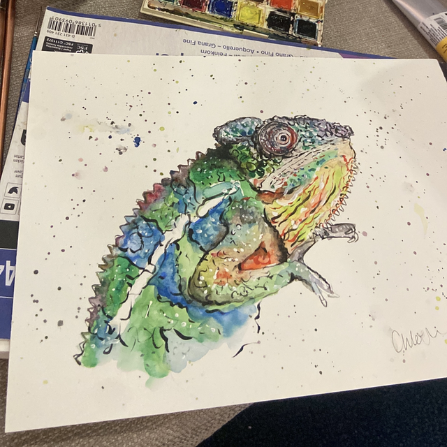 Original ‘Camilla’ the Chameleon A4 painting (unframed) 
