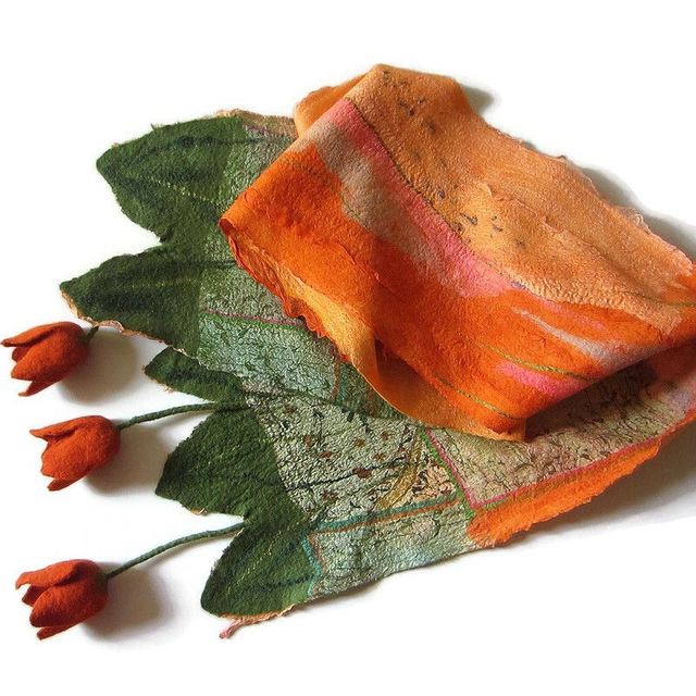 Sciarpa Arancia lana merino seta infeltrita Sciarpa lunga calda donna fatto a mano regali unici per le donne