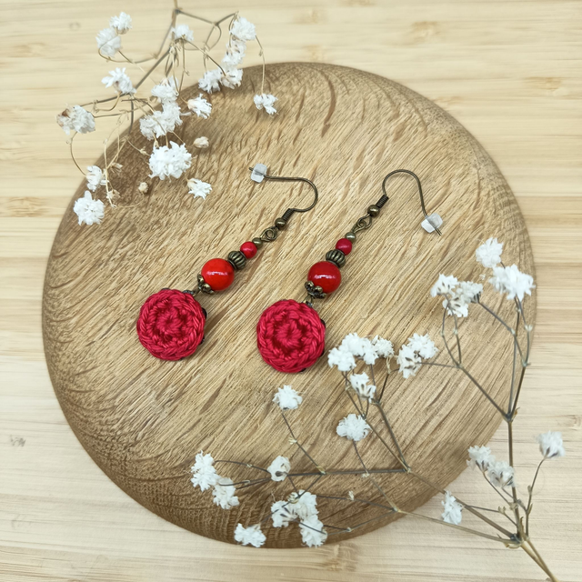 Parure rouge et bronze 2 - Boucles d'oreilles pendantes