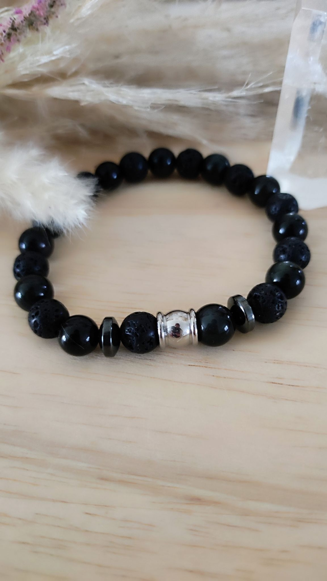 Bracelet "Protection" Obsidienne et Pierre de lave 