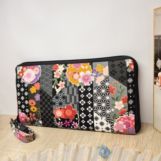 Portefeuille long zippé "Miyako" noir blanc