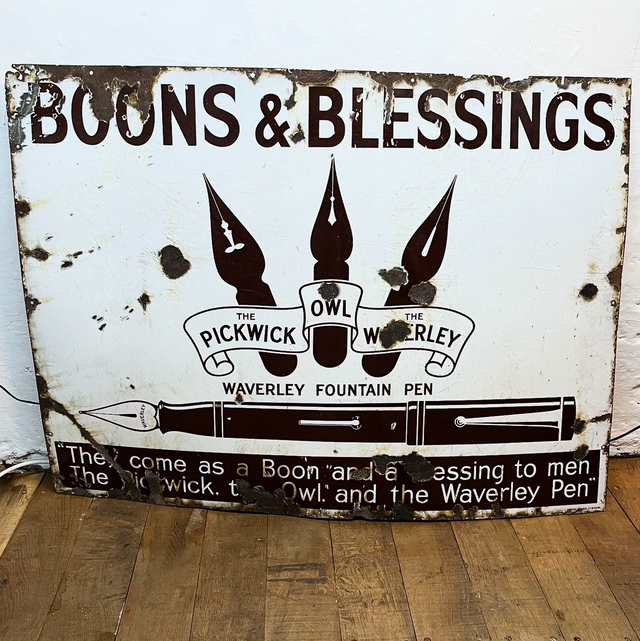 C.1910 BOONS &amp; BLESSINGS, WAVERLEY FOUNTAIN PEN Pictorial Enamel Advertising Sign - LARGE Proportions
