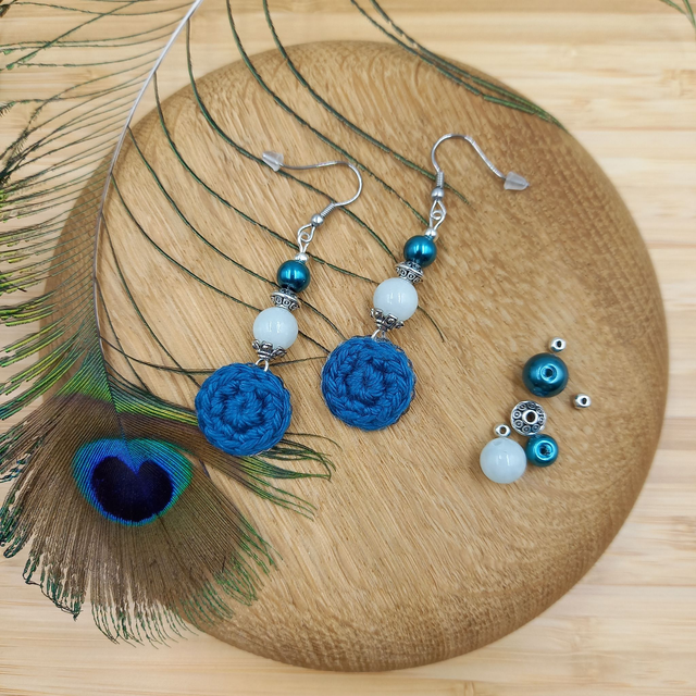 Parure bleu canard et argentée - Boucles d'oreille bleu canard et argentées pendantes