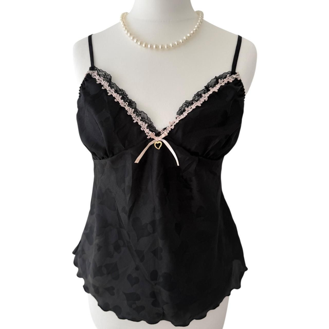 Japanese brand coquette black and pink floral lace cups cami