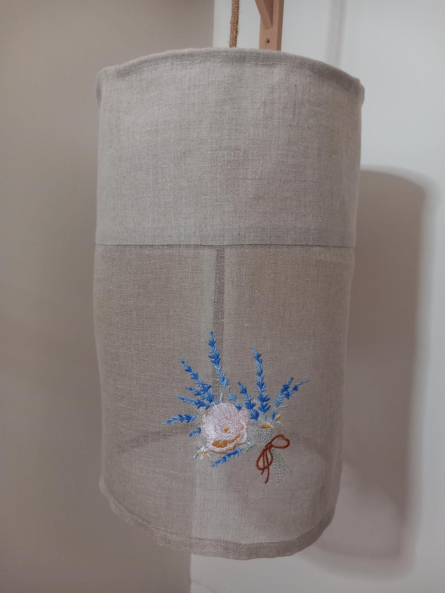 Abat-jour plafonnier en lin et voile de lin brodé lavande et rose- Diamètre 25 cm