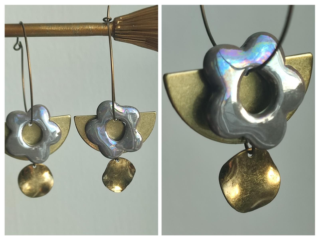 Créoles céramique fleurs grises laiton bronze-sans nickel, pièce unique 