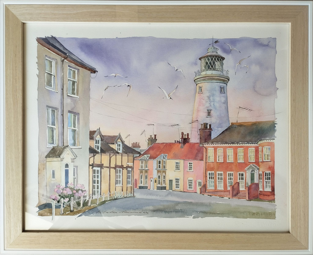 Southwold Lighthouse on sunset lights. Original watercolor