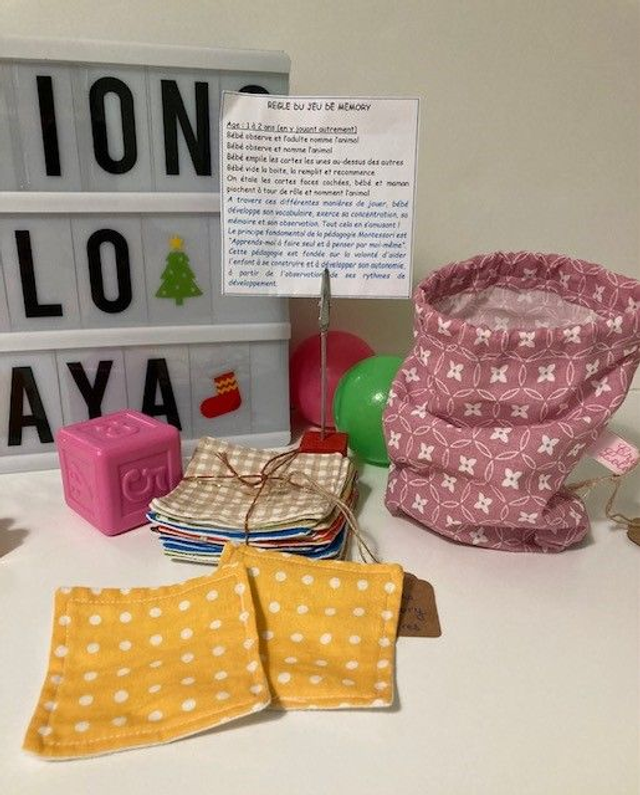 Memory Ronds - Jeu en tissu 9 paires (pochon ronds roses)