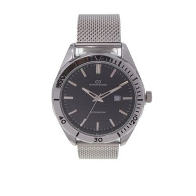 montre marque Giorgio &amp; Dario homme fond noir, date, étanche et son bracelet maille milanaise  argentée 