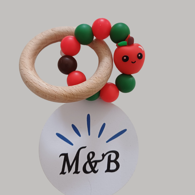 🔸 Anneau de dentition bois &amp; silicone – Pomme ABS 3D 🍎