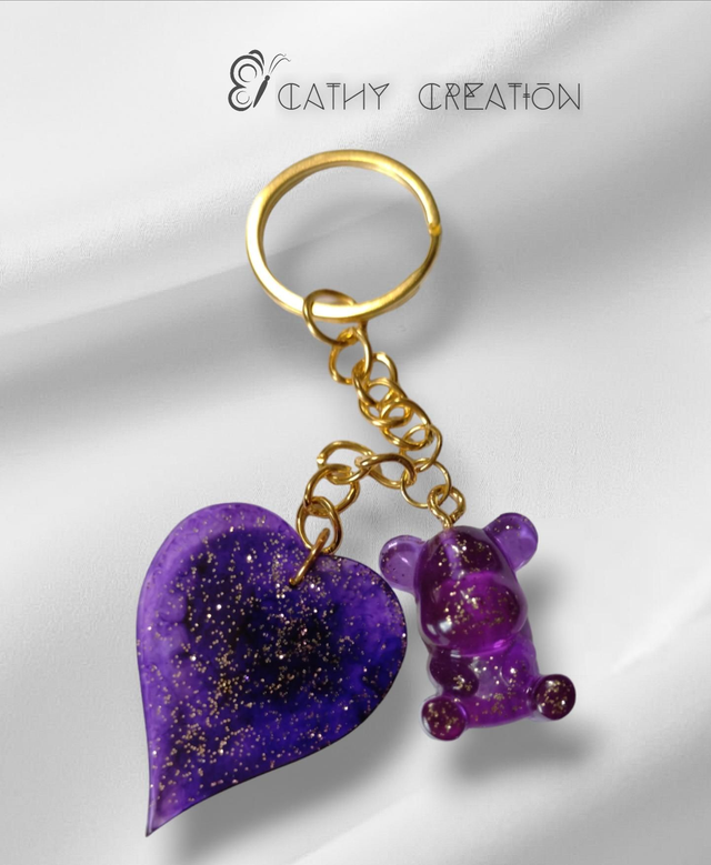 Porte clés violet coeur et ourson