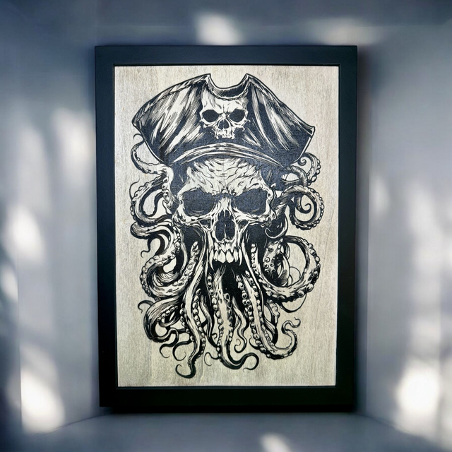 Gravure tête de mort pirate pieuvre 