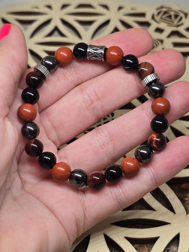 Bracelet Onyx, Jaspe rouge, Œil de Taureau, Hématite 0,8 cm