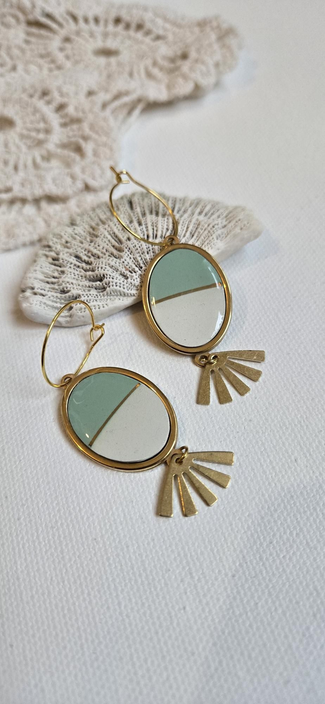 Paire de boucles d'oreilles - porcelaine Badonviller - acier inoxydable doré
