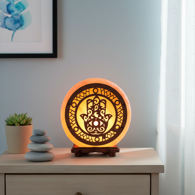 Lampe de Sel d&#039;Himalaya rose à frame - Main de Fatima