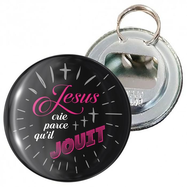 Porte-clés décapsuleur 56mm « Jésus crie parce qu’il jouit » - Act Up Sud-Ouest